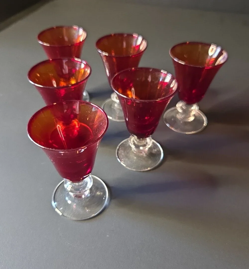 Vintage Ruby Red Cordial Liqueur Glasses Clear Stem Set of 6 Mid Century Barware